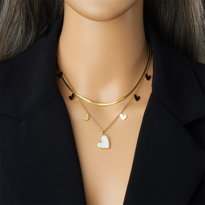 Elegant Heart Shape Butterfly 304 Stainless Steel 18K Gold Plated Double Layer Necklaces
