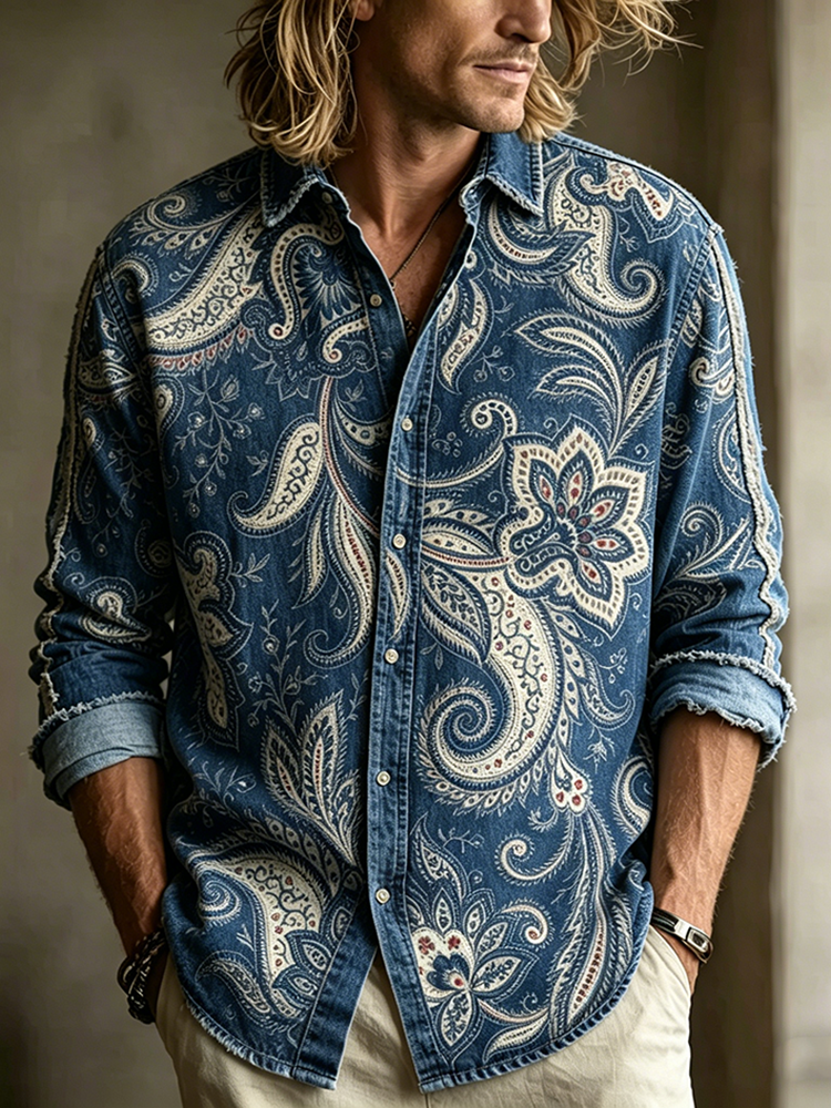 Comstylish Men's Retro Plant Flower Embroidery Pattern Design Casual Linen Shirt