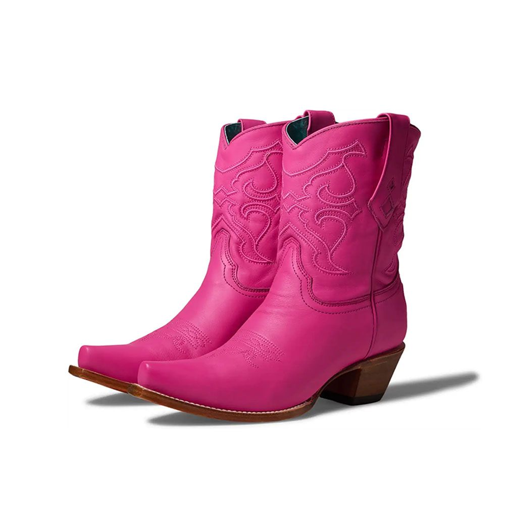 Fuchsia Snip Toe Chunky Heel Embroidered Pull-On Cowgirl Boots Nicepairs