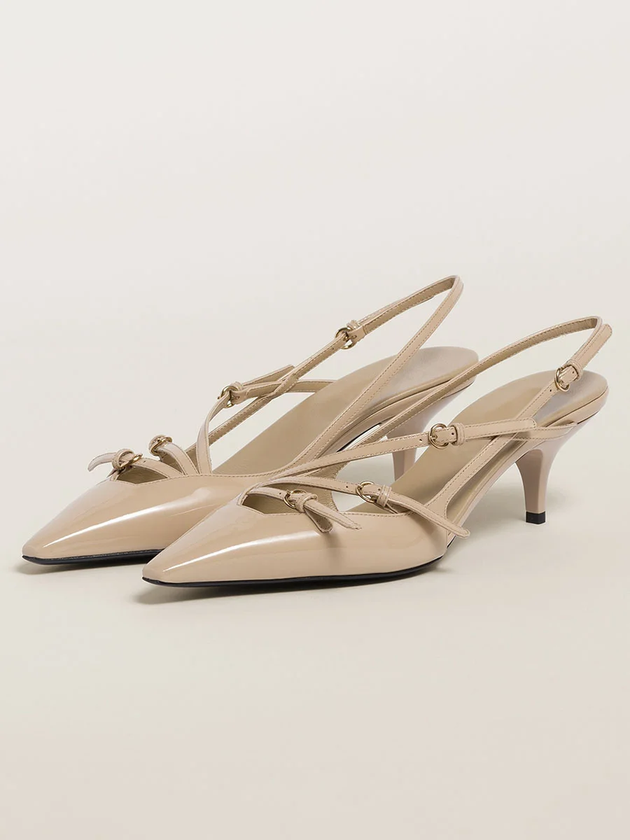 Beige Patent Leather Buckled Slingback Kitten Heel Pumps