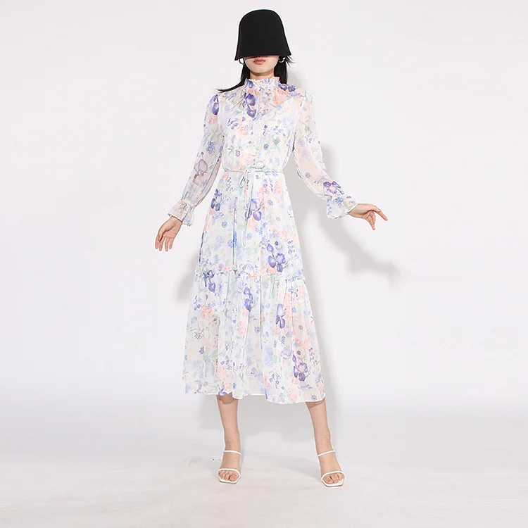 Floral Stand Collar Flared Sleeve Slim Midi Dress