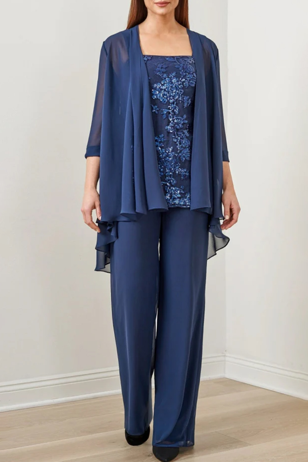 Plus Size Mother Of The Bride Navy Blue Chiffon Sequin 3/4 Sleeve Three Piece Pant Suit