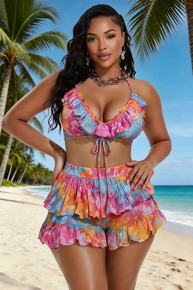 Xpluswear Design Plus Size Beach Multicolor Graphic Smocking Ruffle Swimsuit Fabric Two Pieces Swimsuit 2024 - Xpluswear