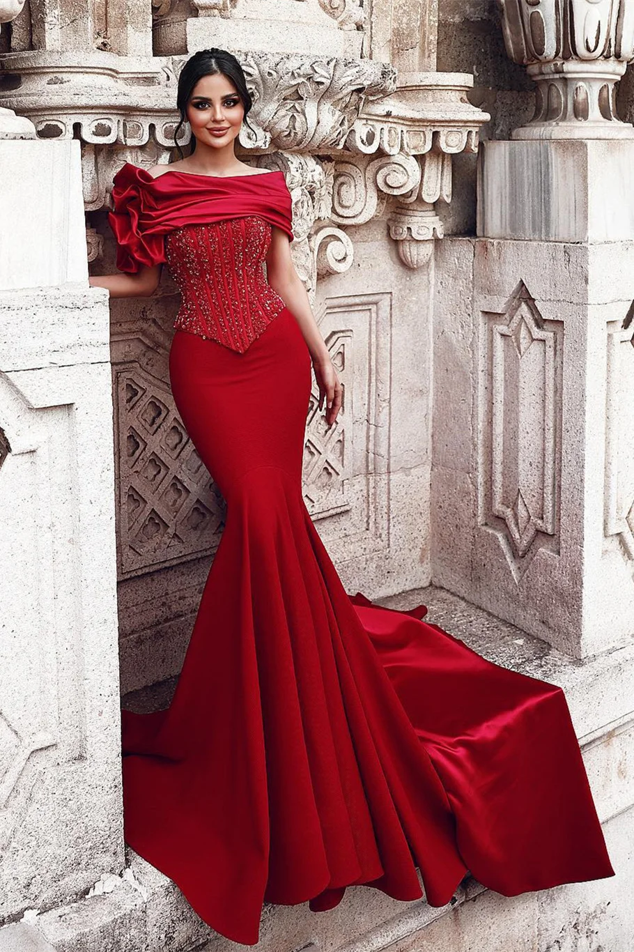 Bellasprom Red Off-The-Shoulder Mermaid Prom Dress With Beadings Bellasprom