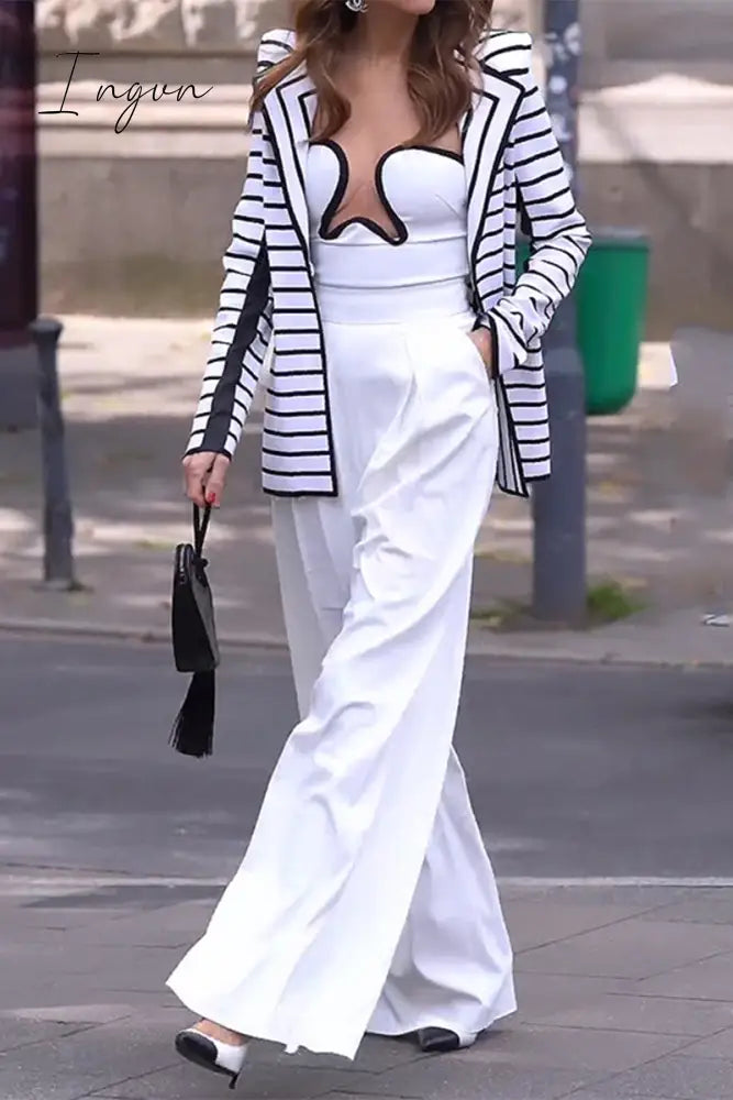Ingvn - Elegant Striped Pocket Turndown Collar Long Sleeve Two Pieces White / S Pieces/Two-Piece
