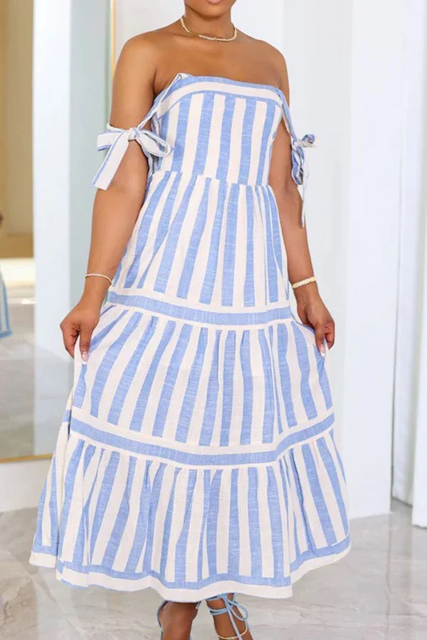 Striped Classic Tie Shoulder Tiered Midi Dress