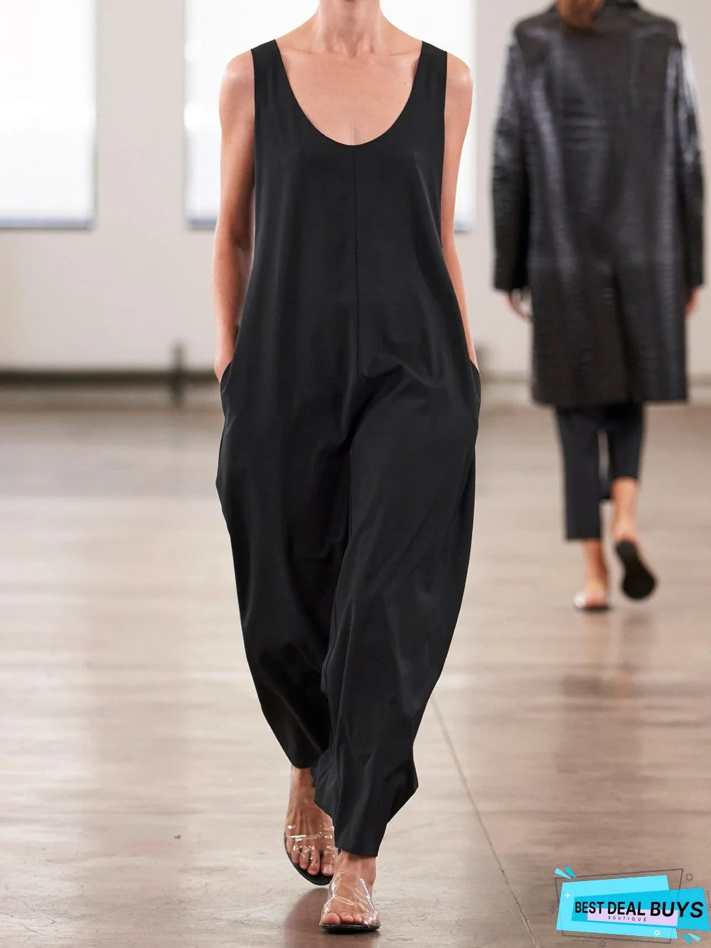 Black Casual Plain Round Neck Cotton-Blend Jumpsuits