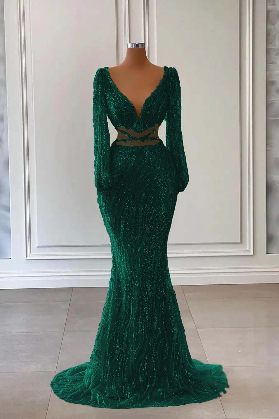 Hidais Light Green Long Sleeves V Neck Mermaid Evening Dress With Sequins Beading
