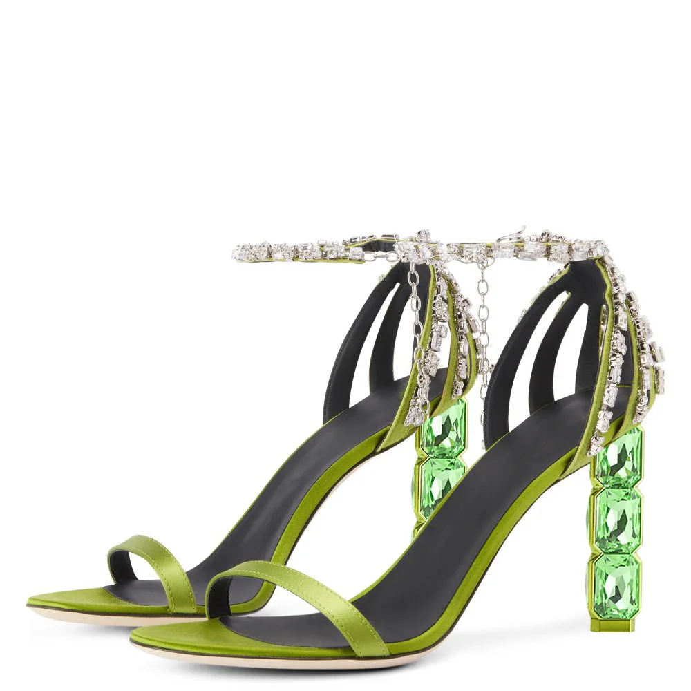 Green Satin Opened Toe Rhinestone Ankle Strappy Sandals With Decorative Heels Nicepairs