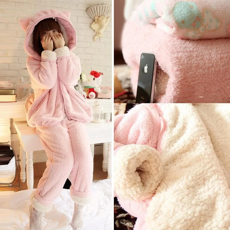 Final Stock! Pink Bunny Ear Fleece Home Wear Pajamas Set SP164925