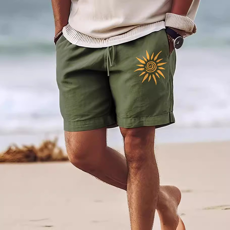 Men's Striped Drawstring Elastic Waist Cotton and Linen Beach Casual Shorts