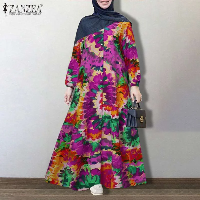 ZANZEA Vintage Floral Printed Sundress Autumn Long Sleeve Loose Maxi Long Vestido Women Retro Dubai Abaya Turkey Hijab Dress