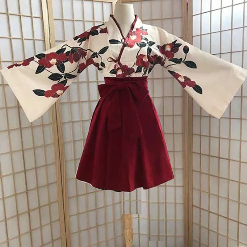 NiceMix Japanese Sweet Kawaill Girl Kimono Cardigan Prove Kimonos Coat Flower Print Badange Skirt 2 PCS Sets Black Dress