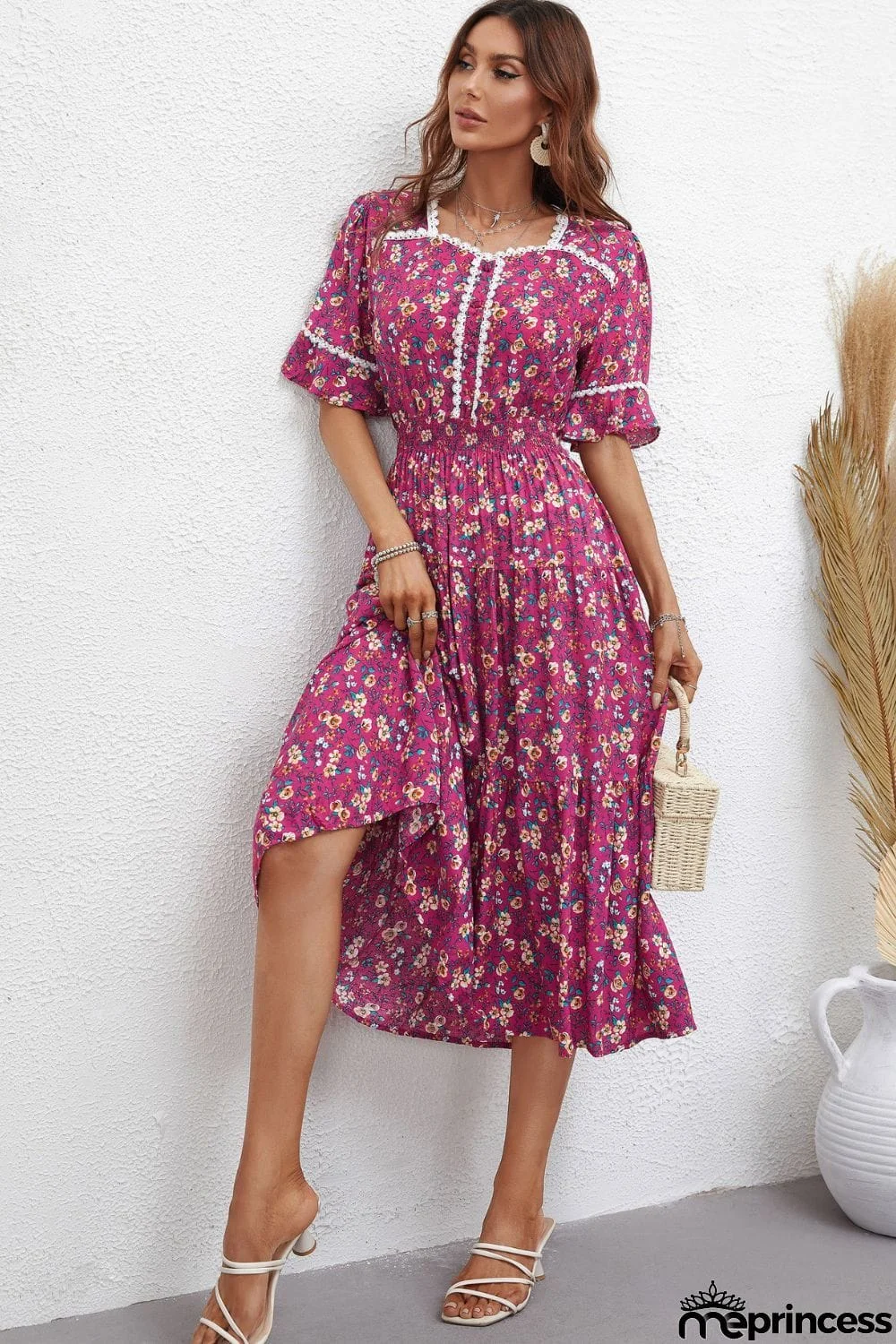 Floral Sweetheart Neck Tiered Dress
