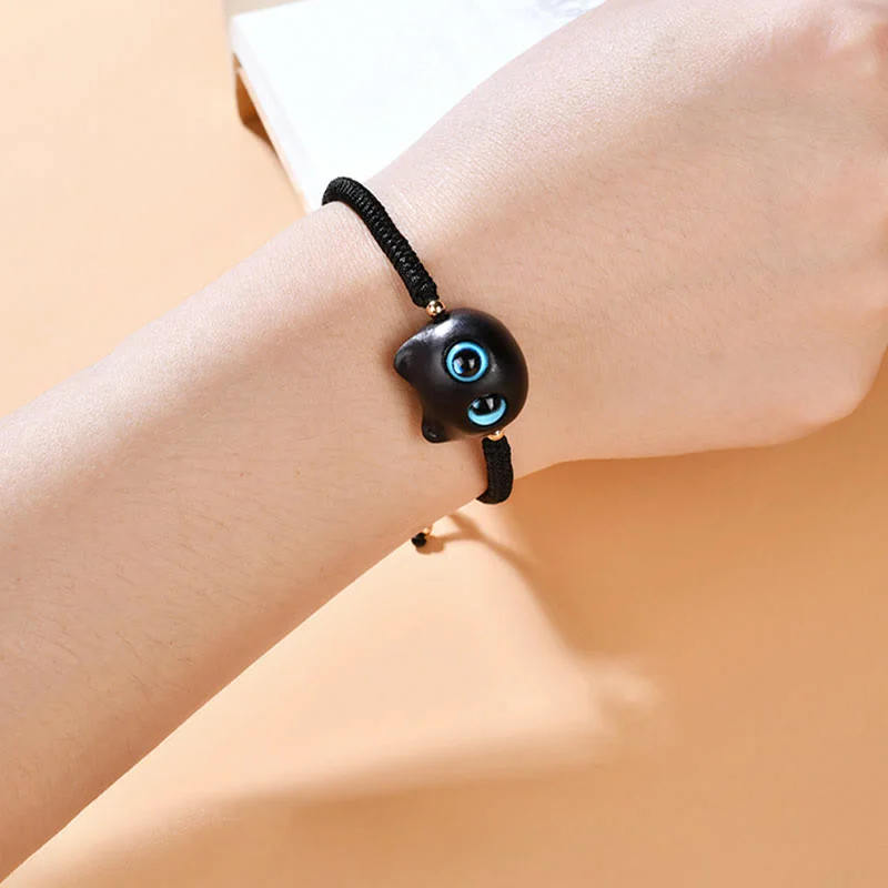 Ebony Wood Cat Head Pattern Peace King Kong Knot Braided Bracelet