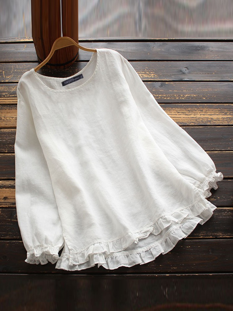 Women Long Sleeve Ruffle Hem Solid Color Cotton Linen Tops Blouses SKUG43942