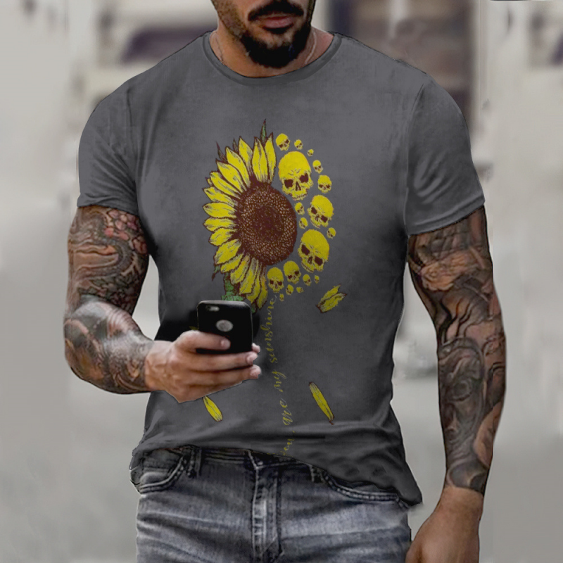 Skull Sunflower Print Tops Summer Short Sleeve Men's T-Shirts-VESSFUL