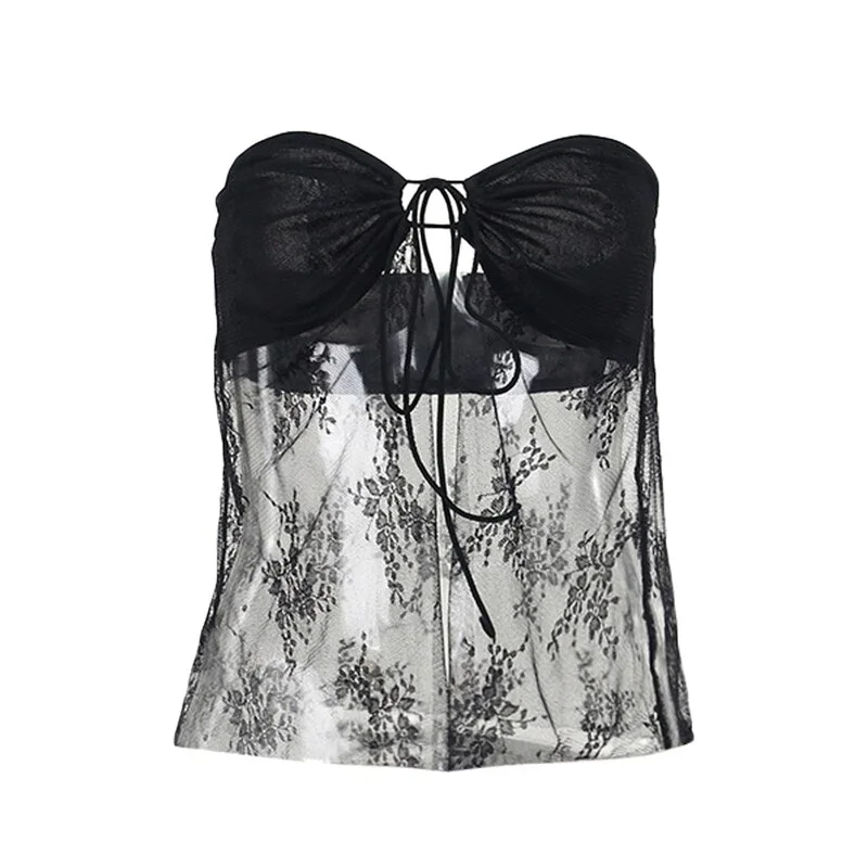 Lace Tube Top  Aesthetic Women Fairy Grunge See Through Strapless Sleeveless Backless Tanks 2000s Tees Streetwear