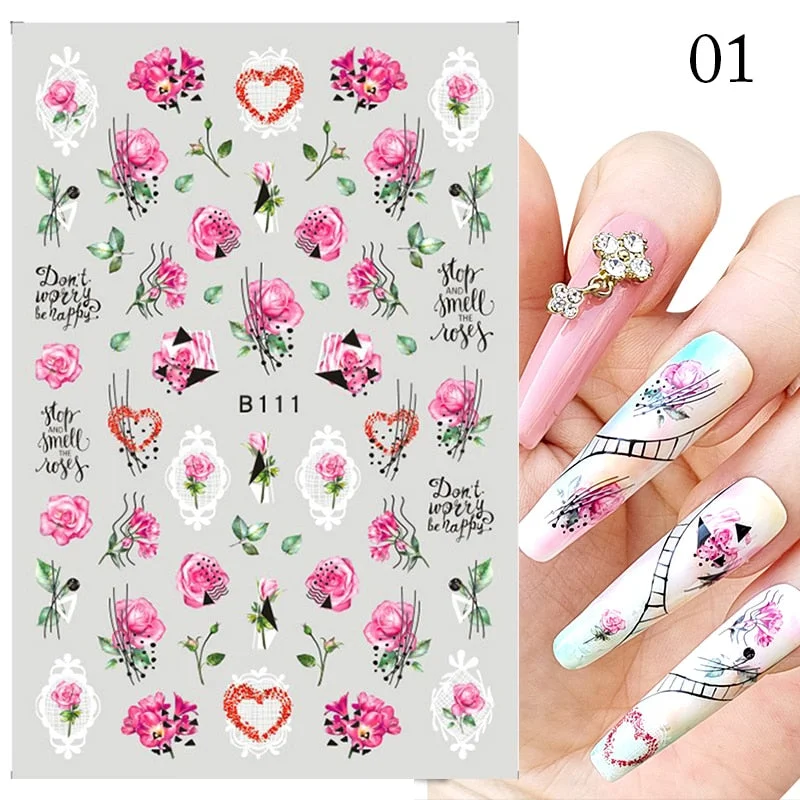 1 Pc Geometric Rose Flower 3D Nail Stickers Butterflies Heart Love Nail Decals Slider DIY Nail Art Decotaion Nail-Nail Inspo