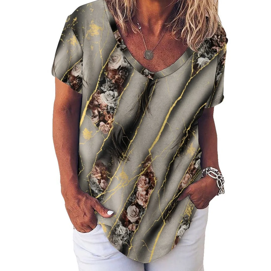 V-neck Short Sleeve Casual T-shirt for  Women Printed with Pattern Black, Floral, Rose, Marble