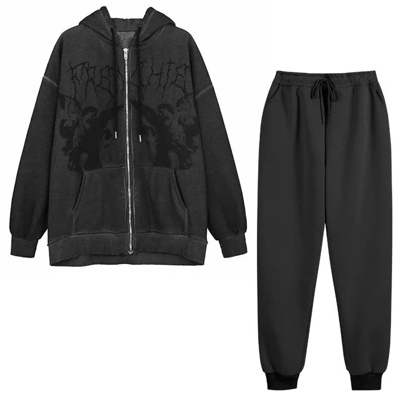 Women Two Piece Sets Angel Dark Print Harajuku Fleece Warm Hoodies High Waisted Pants Autumn Winter Y2k Goth Tracksuit Suit