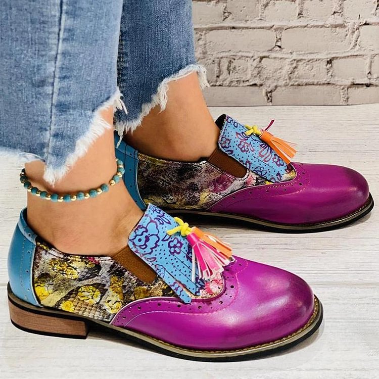 Women Casual Retro Pu Purple Tassel Slip On Loafers -loafers