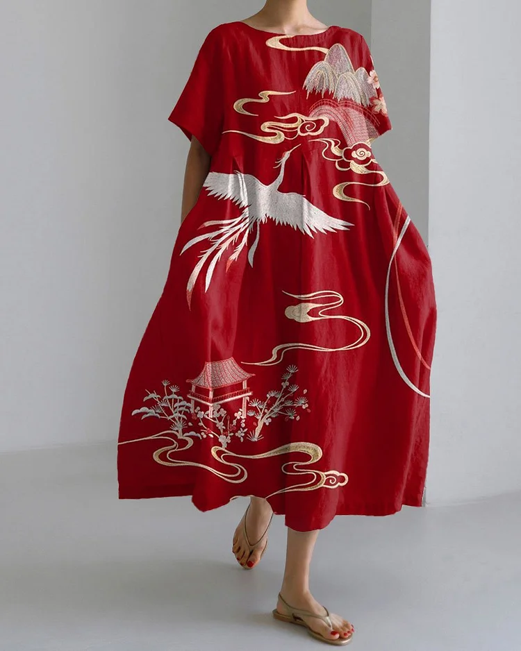 Japanese Art Flying Crane Auspicious Clouds Short Sleeve Midi Dress