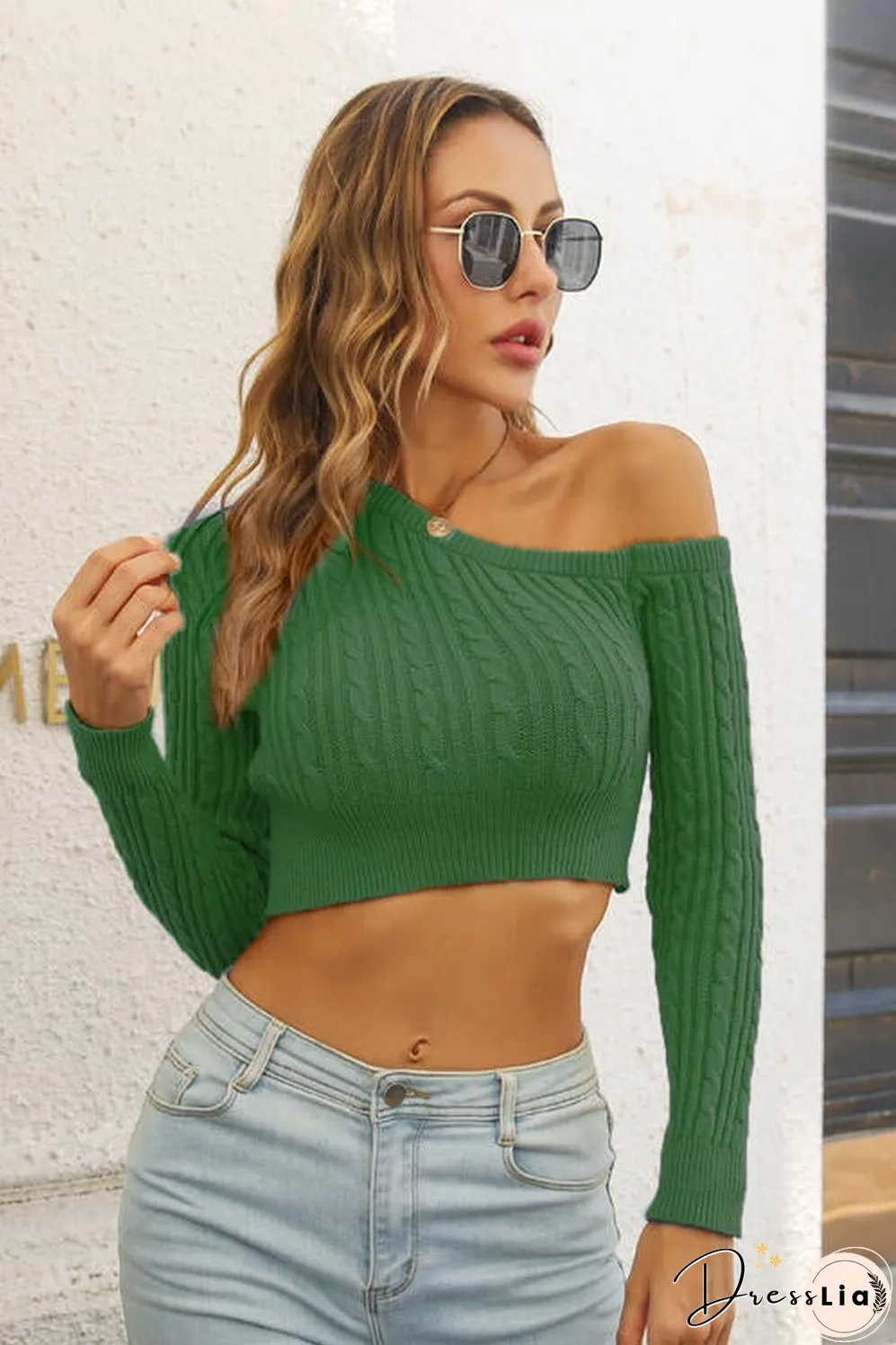 Cable-Knit One Shoulder Long Sleeve Sweater