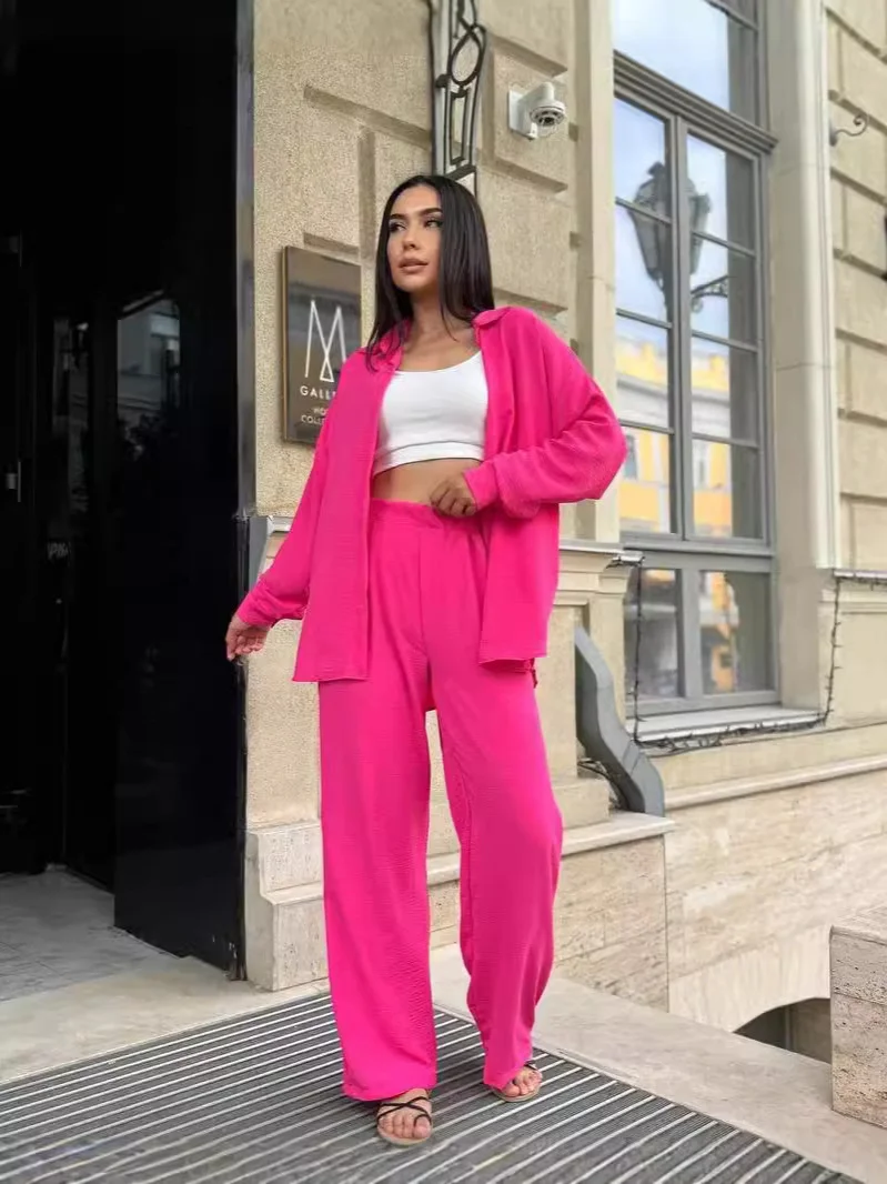 Churchf Churchf New Autumn Solid Color Lapel Long Sleeve Shirt Jacket Casual Pants Set