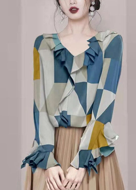 VCSHOES Colorblock V Neck Ruffled Chiffon Shirt Tops Long Sleeve