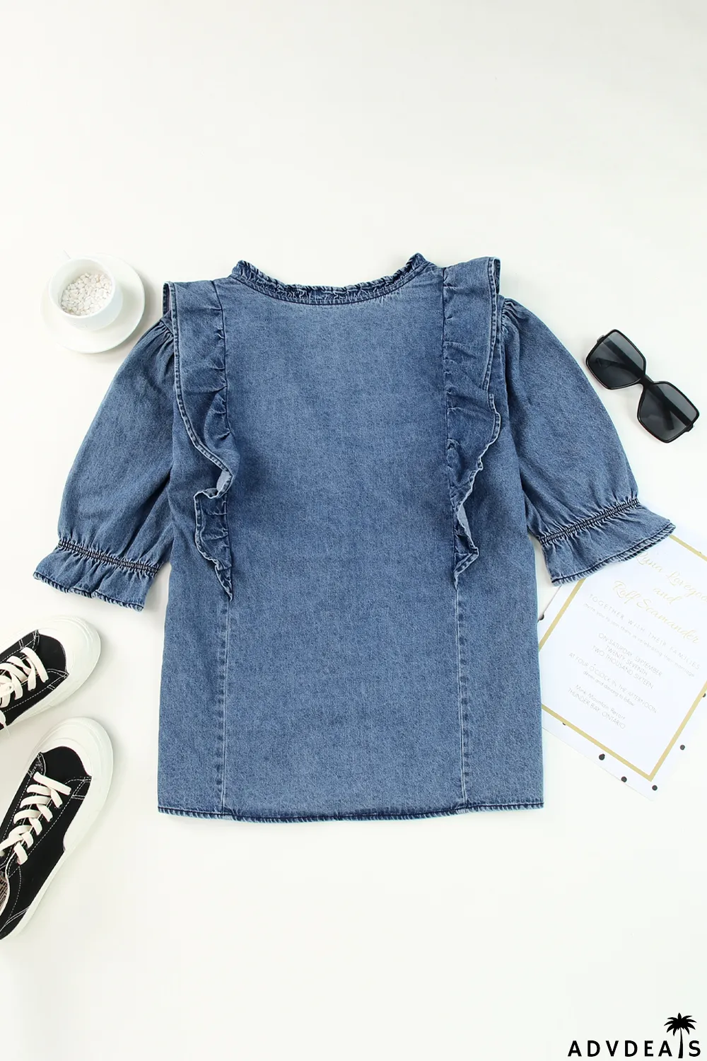 Sky Blue Ruffle Trim Half Sleeve Denim Shirt