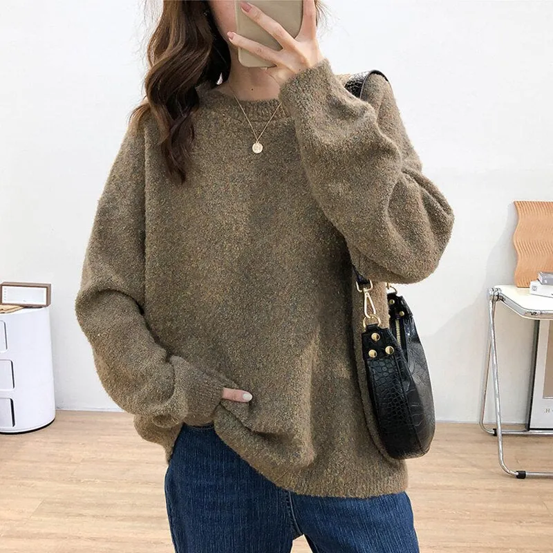Autumn and winter women's sweater casual solid color round neck long sleeve loose sweater