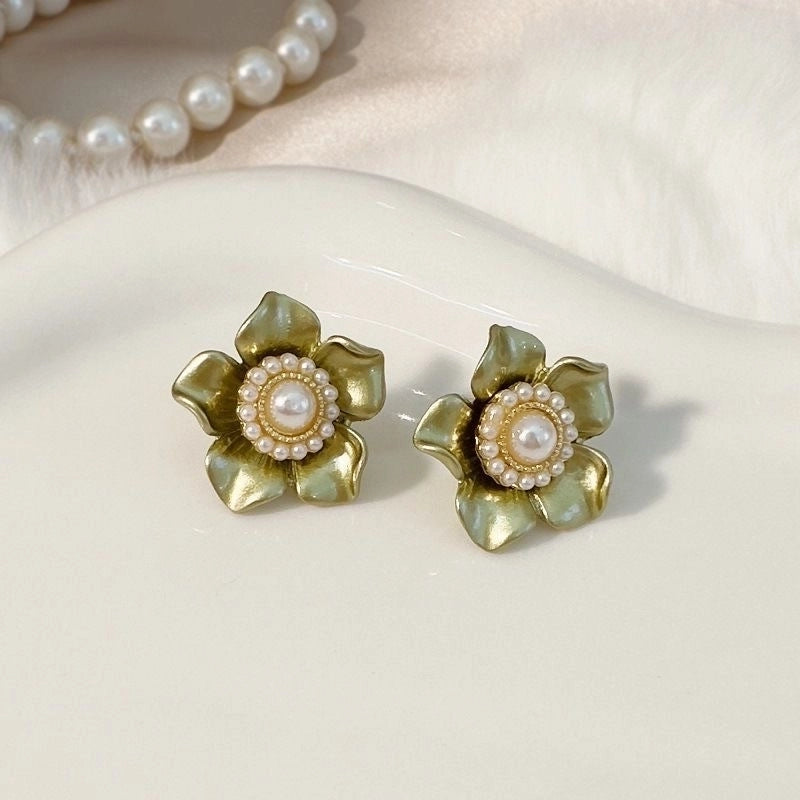 3 Pieces Sweet Heart Shape Rose Flower Inlay Imitation Pearl Alloy Rhinestones Earrings