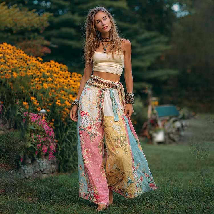 VChics Women's Bohemian Patchwork Casual Wide Leg Pants