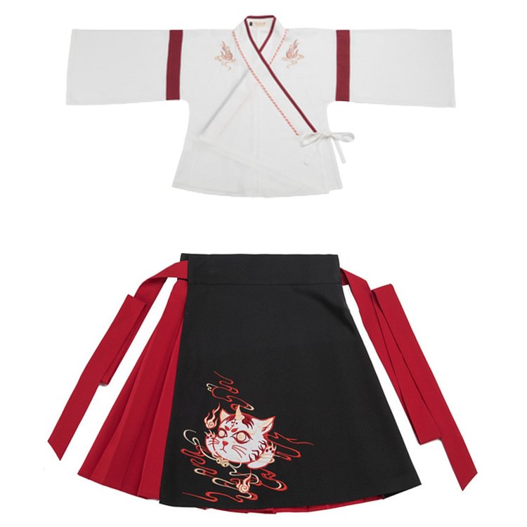 Vintage Fox Embroidery T-Shirt Lace Up Skirt Set - Modakawa Modakawa