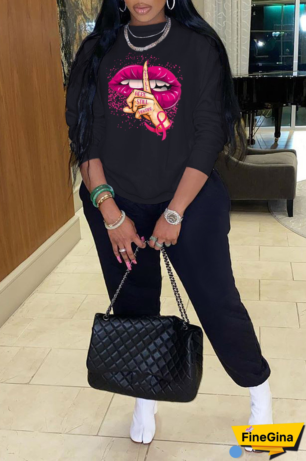 Blue Casual Street Lips Printed Patchwork O Neck Tops