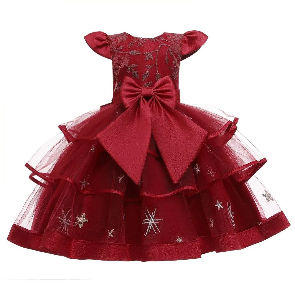 Children's Bow Sequined Prom Wedding Bridesmaid Dress Girl Flying Sleeves Multi-Layer Mesh Princess Dress