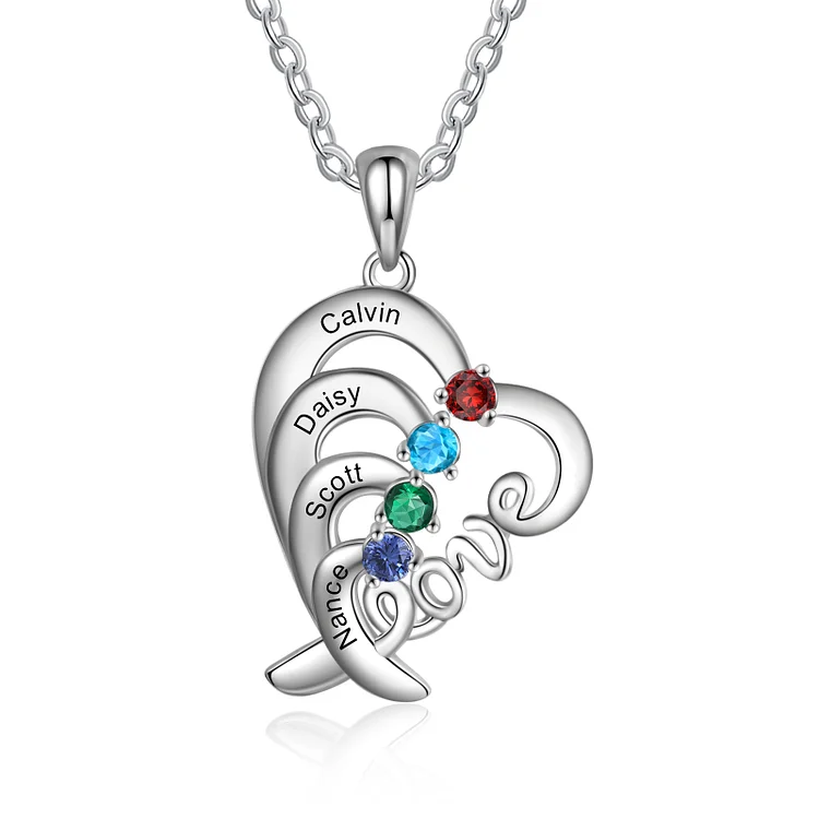 Collar "Love" corazón 4 nombres personalizados con 4 piedras de nacimiento