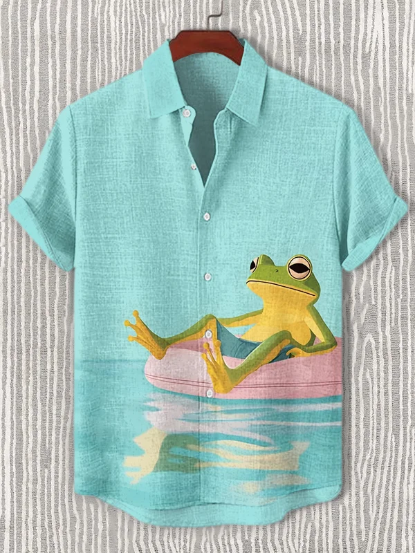 Men's Leisurely Frog Sitting On A Swimming Ring And Swimming Print Casual Shirt