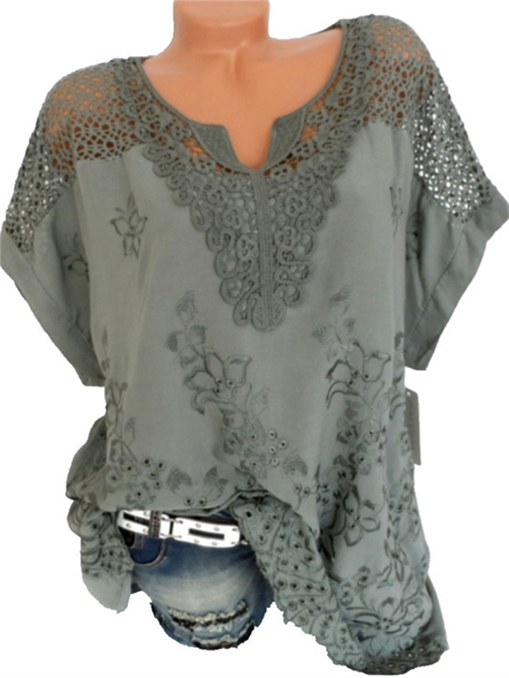 Fashion Fresh Sweet Women's Solid Color Lace V-neck Embroidery Short Sleeve Short Sleeve Bat Shirt T-shirt Chiffon Shirt