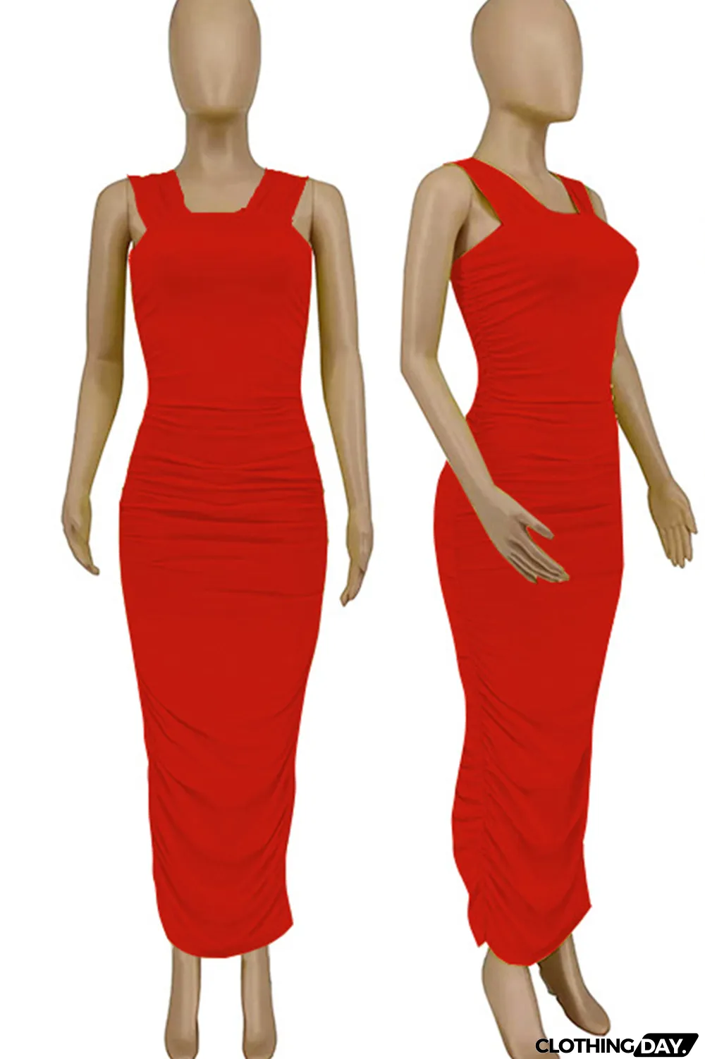 Red Sexy Solid Split Joint Square Collar Pencil Skirt Dresses