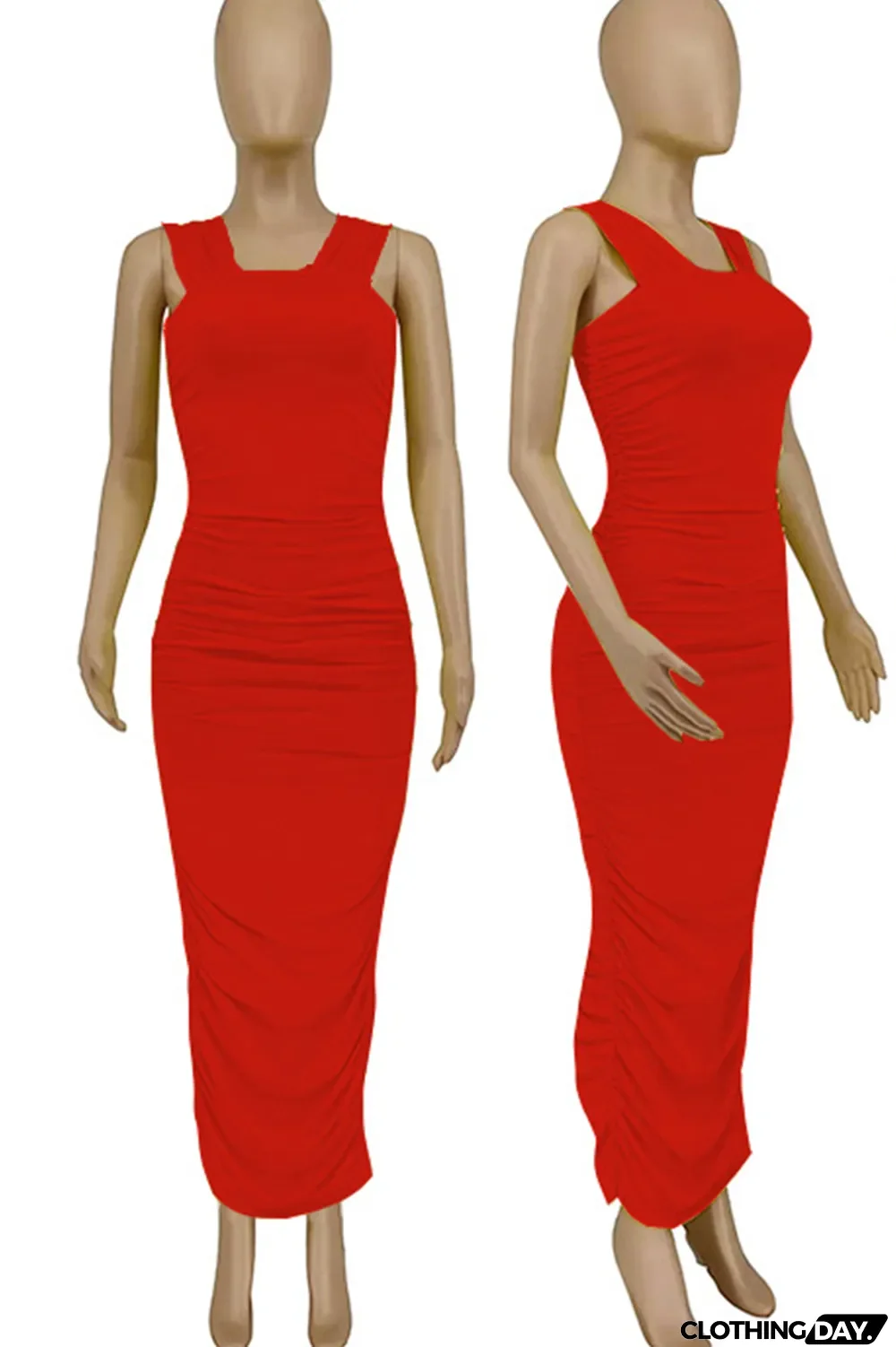 Red Sexy Solid Split Joint Square Collar Pencil Skirt Dresses