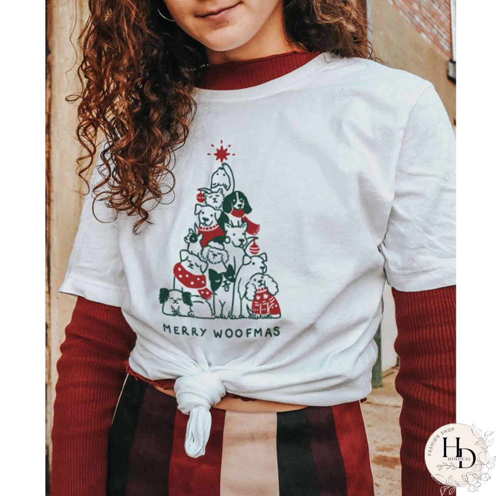 Merry Woofmas Colored Print T-shirt Kawaii Dog Lover Christmas Holiday Gift Tshirt Funny Women Graphic Tees Tops Drop Shipping