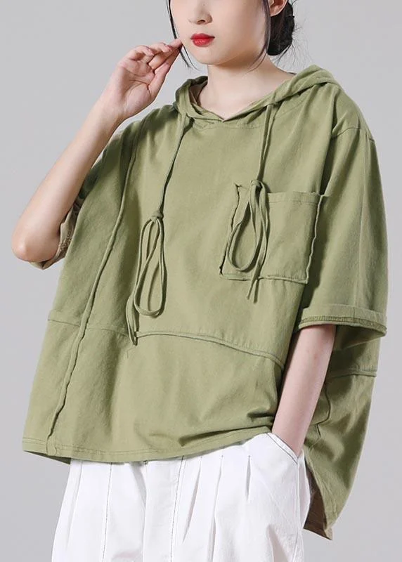 Beautiful Grass Green hooded Patchwork Cotton Tee Summer