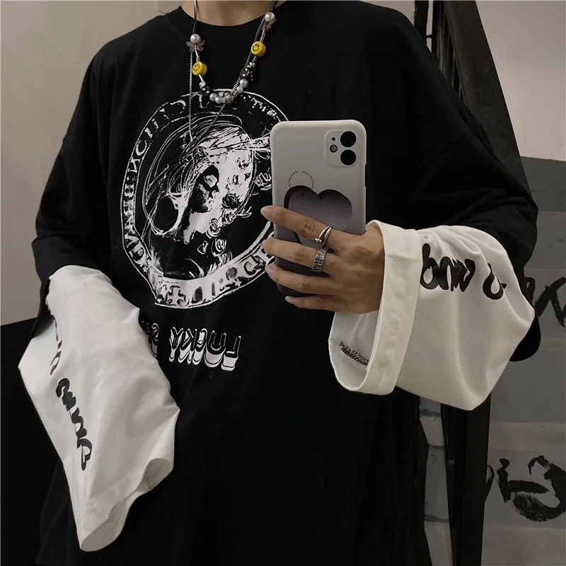 Dark INS funeral anime print loose stitching long-sleeved T-shirt for men and women Techwear Shop