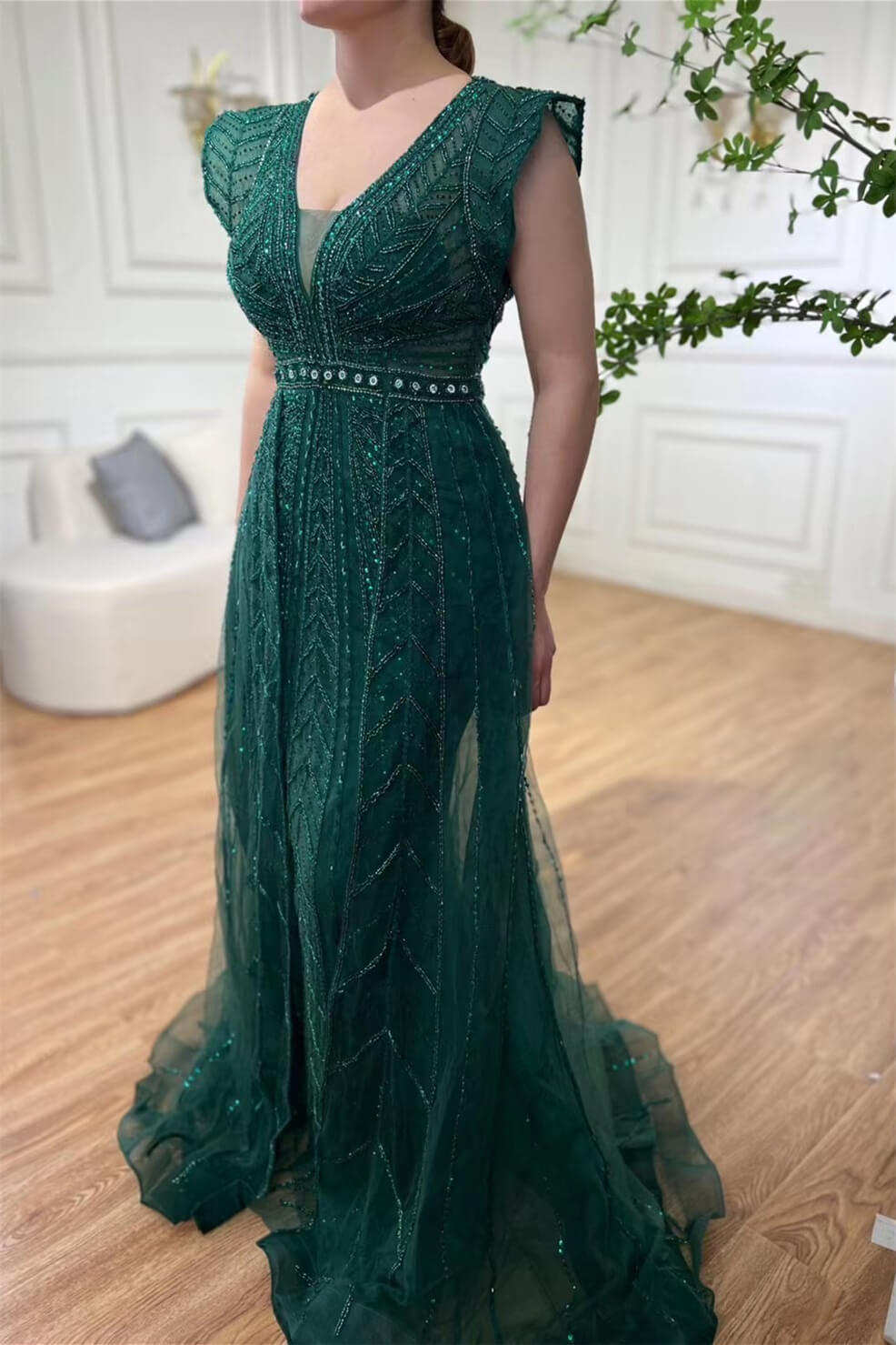 Bellasprom Emerald Green Cap Sleeves Mermaid Prom Dress Beadings Long Bellasprom