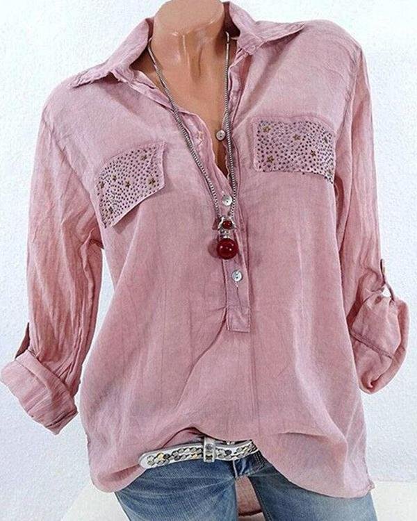 Casual Lapel Long Sleeve Sequins Decorated Women Shirts Tops