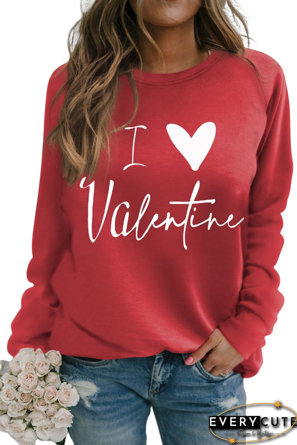 Red I Love Valentine Heart Flocking Pullover Sweatshirt
