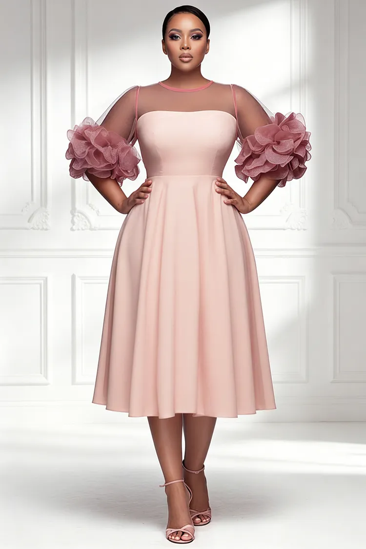 Xpluswear Design Plus Size Cocktail Party Pink Round Neck Short Sleeve 3D See Through Tulle Midi Dresses [Pre-Order] 2024 - Xpluswear