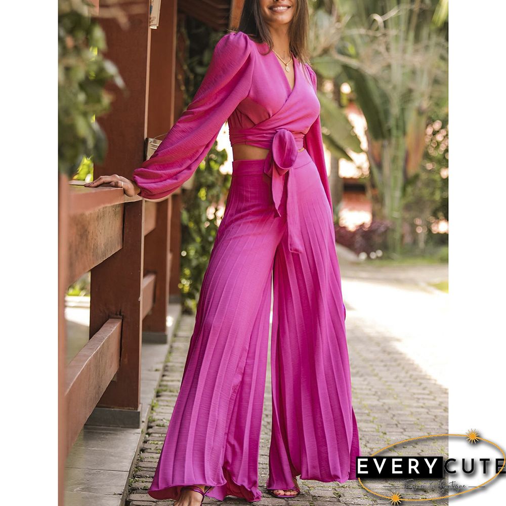 Rosy Long Sleeve Crop Shirt and Casual Pant Set